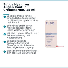 Eubos Anti Age Hyaluron Augen Kontur Cremeserum Hyaluronsäure / Silanol / Matrixyl / Liftonin / Cupuacu-Butter / Shea-Butter Creme, 15 ml.