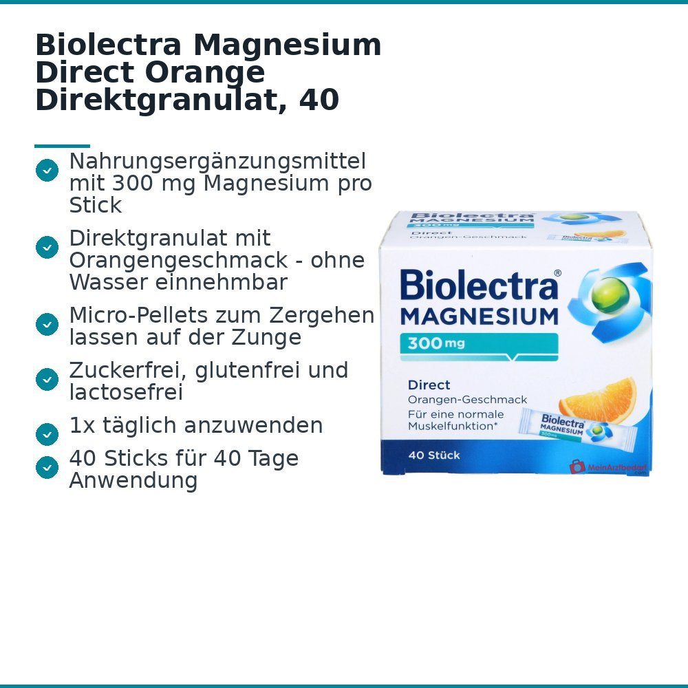 Biolectra Magnesium Direct Orange Magnesiumoxid Direktgranulat, 40 Sticks.