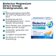 Biolectra Magnesium Direct Orange Magnesiumoxid Direktgranulat, 40 Sticks.