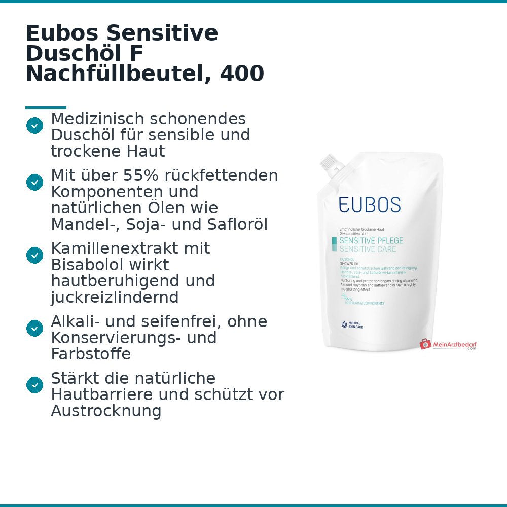 Eubos Sensitive Duschöl F Mandelöl / Sojaöl / Safloröl / Kamillenextrakt / Bisabolol Öl, 400 ml.