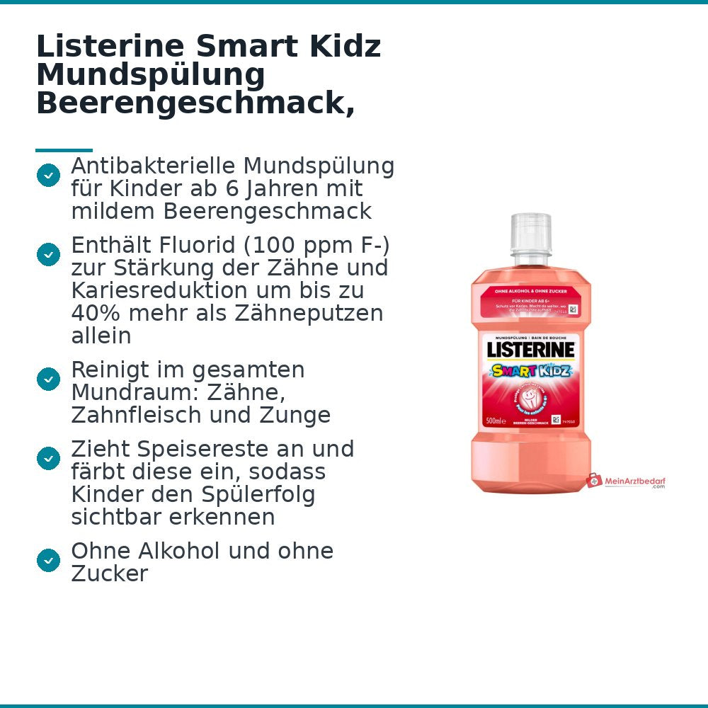 Listerine Smart Kidz Natriumfluorid Mundspülung Beerengeschmack, 500 ml.