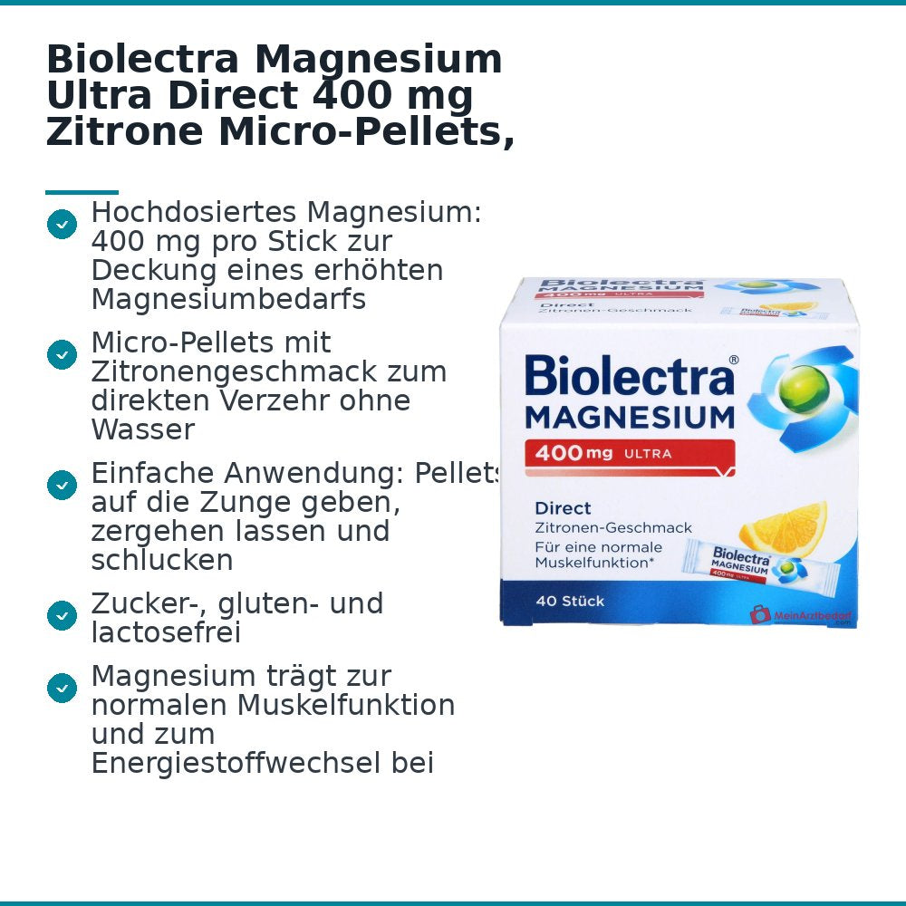 Biolectra Magnesium 400 mg ultra Direct Magnesiumoxid Micro-Pellets Zitronengeschmack, 40 Sticks.