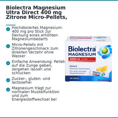 Biolectra Magnesium 400 mg ultra Direct Magnesiumoxid Micro-Pellets Zitronengeschmack, 40 Sticks.