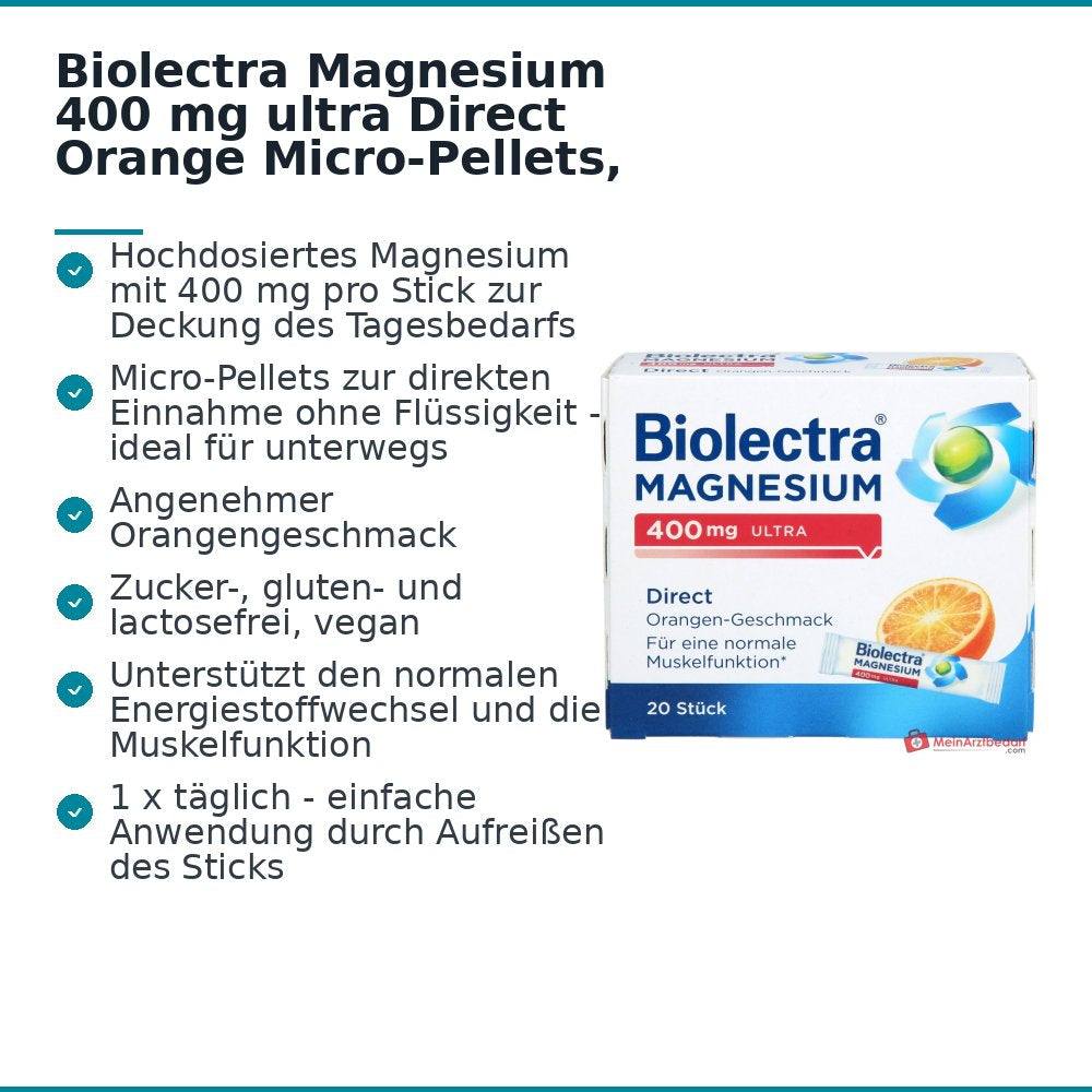 Biolectra Magnesium 400 mg Ultra Direct Orange Magnesiumoxid Micro-Pellets, 20 Sticks.