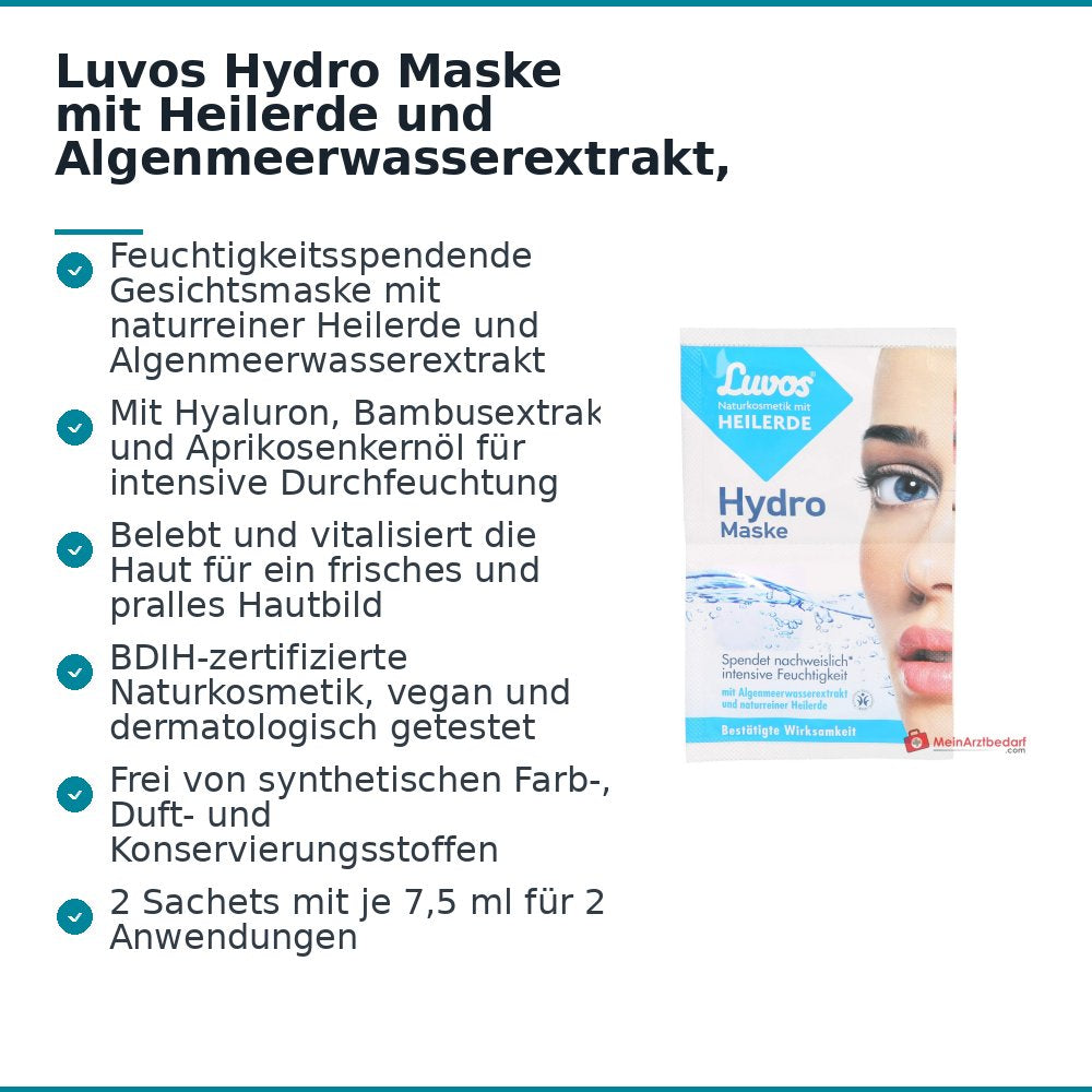 Luvos Heilerde Hydro Maske Algenmeerwasserextrakt / Hyaluronsäure / Bambusextrakt / Aprikosenkernöl Gesichtsmaske, 2x7,5 ml.