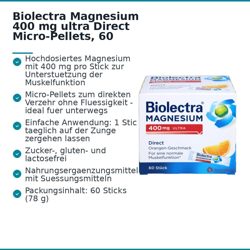 Biolectra Magnesium 400 mg ultra Direct Magnesiumoxid Micro-Pellets Orangengeschmack, 60 Sticks.