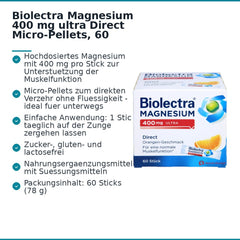 Biolectra Magnesium 400 mg ultra Direct Magnesiumoxid Micro-Pellets Orangengeschmack, 60 Sticks.