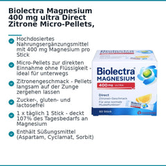 Biolectra Magnesium 400 mg ultra Direct Zitrone Magnesiumoxid Micro-Pellets, 60 Sticks.