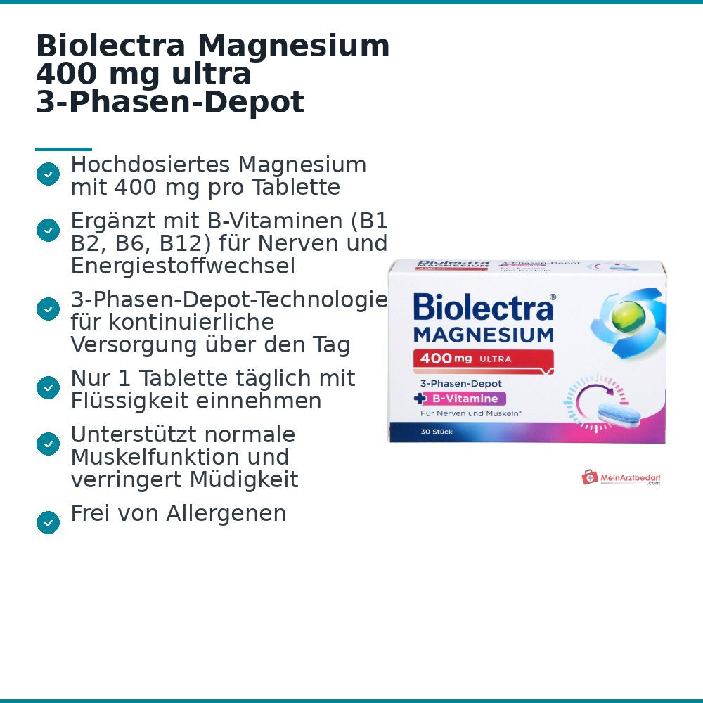 Biolectra Magnesium 400 mg Ultra 3-Phasen-Depot Magnesium / Vitamin B1 / Vitamin B2 / Vitamin B6 / Vitamin B12 Tabletten, 30 St..