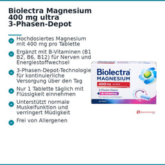 Biolectra Magnesium 400 mg Ultra 3-Phasen-Depot Magnesium / Vitamin B1 / Vitamin B2 / Vitamin B6 / Vitamin B12 Tabletten, 30 St..