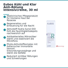 Eubos Kühl und Klar Anti-Rötung Intensivcreme Hydra Synol DOI / Mikrosilber / Italienische Immortelle Creme, 30 ml.