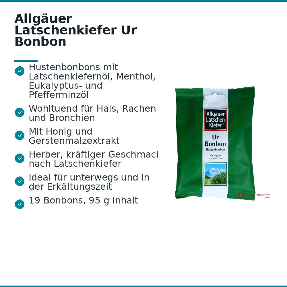 Dr. Theiss Allgäuer Latschenkiefer Ur Bonbon Latschenkiefernöl / Menthol / Eukalyptusöl / Pfefferminzöl / Honig Hustenbonbons, 19 Stück.