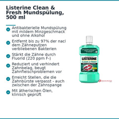 Listerine Clean & Fresh Eucalyptol / Thymol / Menthol / Methylsalicylat Mundspülung, 500 ml.