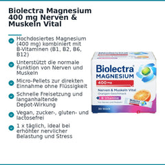 Biolectra Magnesium 400 mg Nerven & Muskeln Vital Magnesium / Vitamin B1 / Vitamin B2 / Vitamin B6 / Vitamin B12 Micro-Pellets, 30 Sticks.