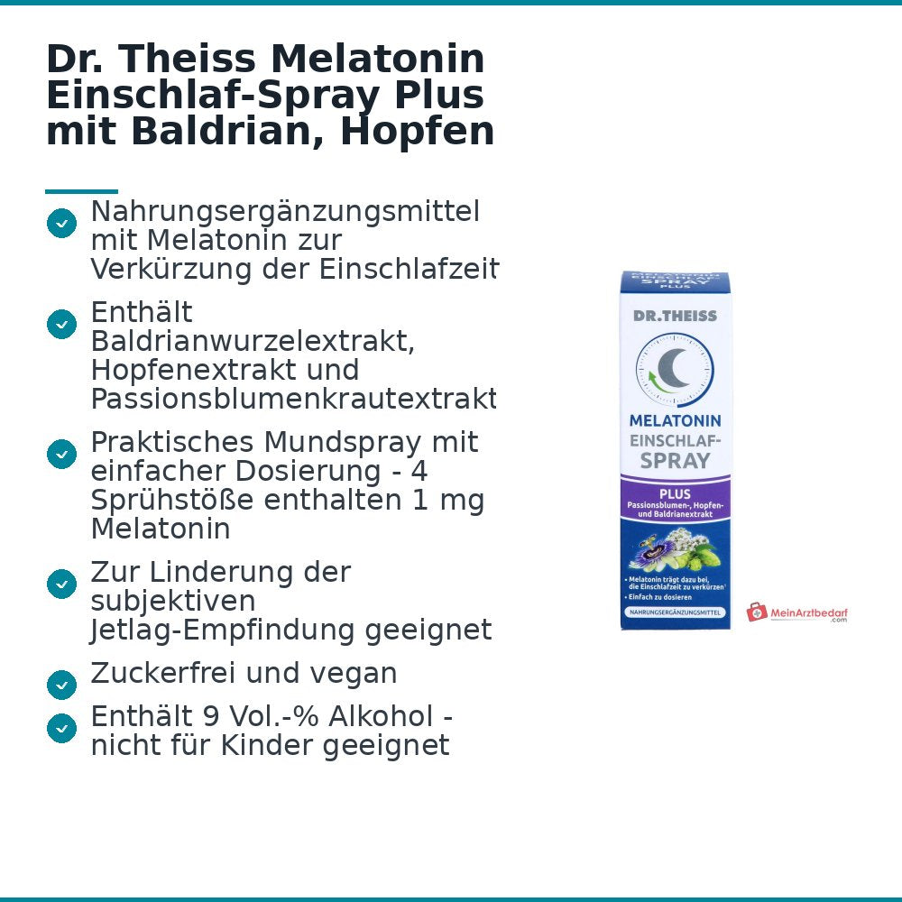 Dr. Theiss Melatonin Einschlaf-Spray Plus Melatonin / Baldrianwurzelextrakt / Passionsblumenkrautextrakt / Hopfenextrakt Mundspray, 20 ml.