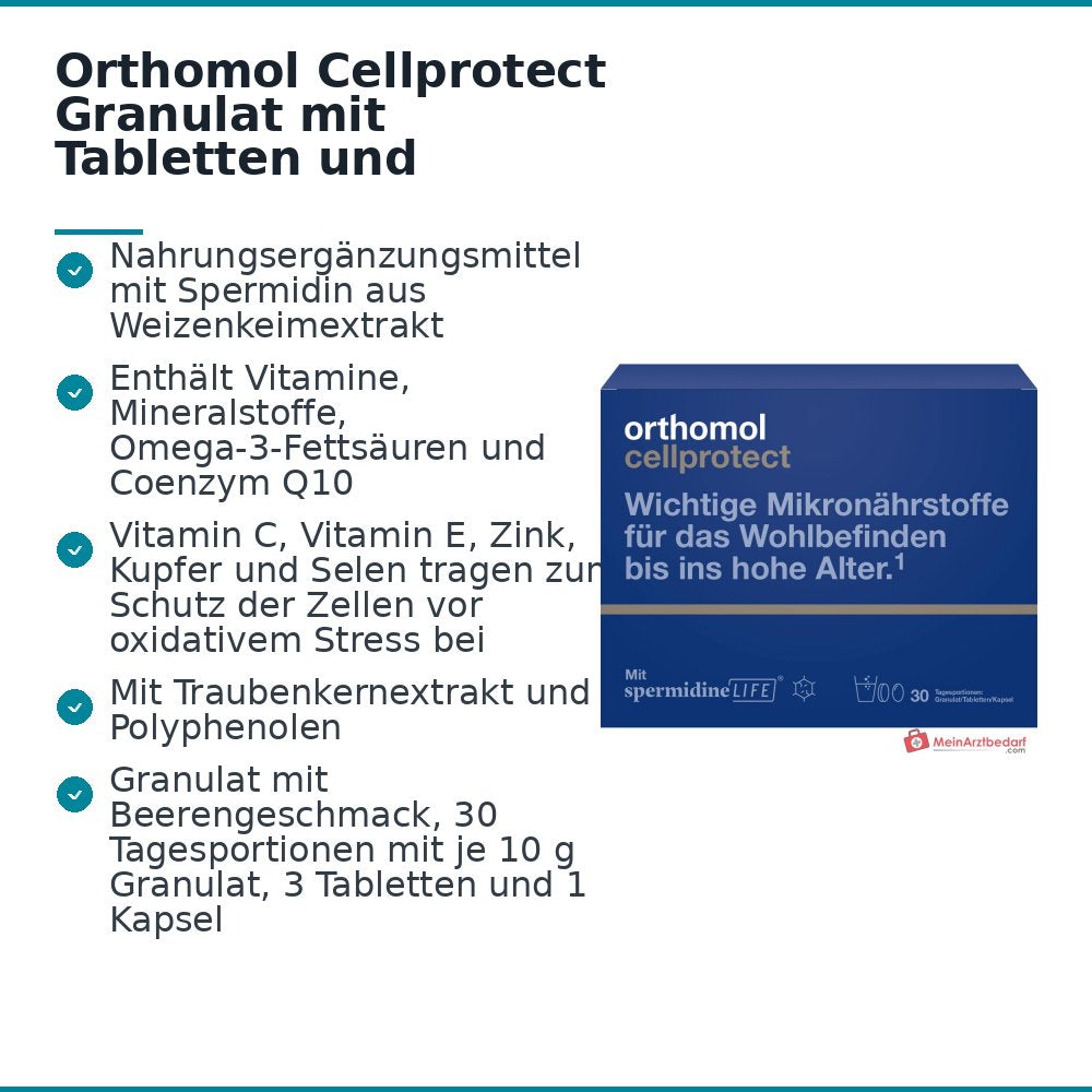 Orthomol Cellprotect Granulat mit Tabletten und Kapseln, 30 Tagesportionen.