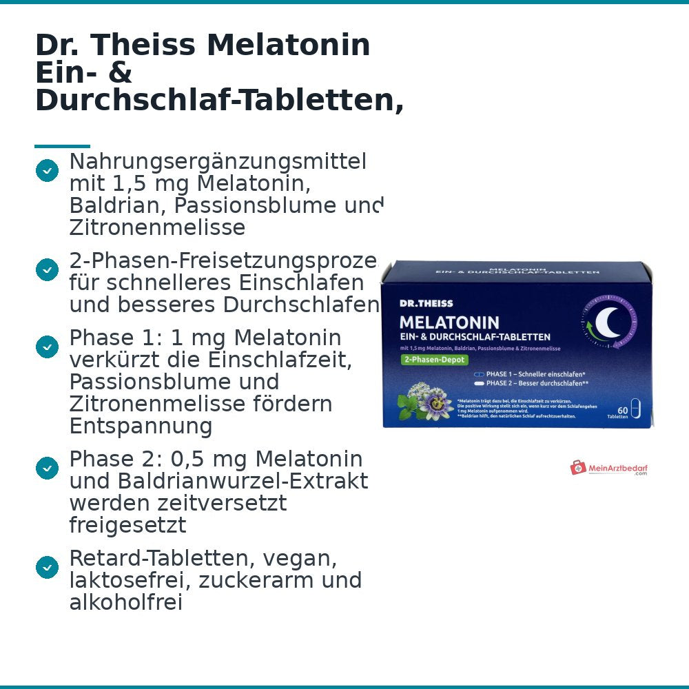 Dr. Theiss Melatonin Ein- & Durchschlaf-Tabletten Melatonin / Baldrianwurzel-Extrakt / Passionsblume / Zitronenmelisse Retardtabletten, 60 St..