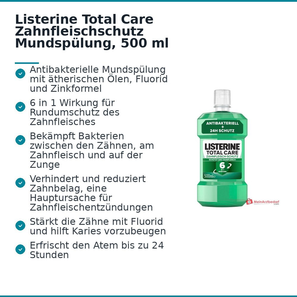 Listerine Total Care Zahnfleischschutz Eucalyptol / Menthol / Methylsalicylat / Thymol / Natriumfluorid / Zinkchlorid Mundspülung, 500 ml.