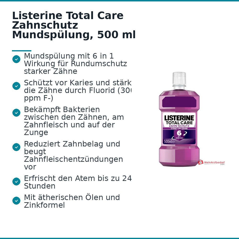 Listerine Total Care Zahnschutz Fluorid / Zinkchlorid / Eucalyptol / Thymol / Menthol / Methylsalicylat Mundspülung, 500 ml.