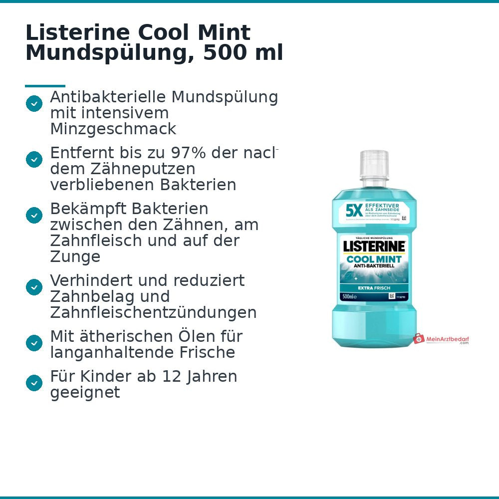 Listerine Cool Mint Eucalyptol / Methylsalicylat / Thymol / Menthol Mundspülung, 500 ml.