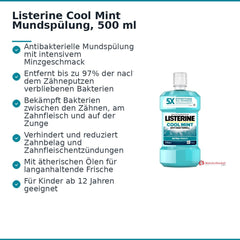Listerine Cool Mint Eucalyptol / Methylsalicylat / Thymol / Menthol Mundspülung, 500 ml.