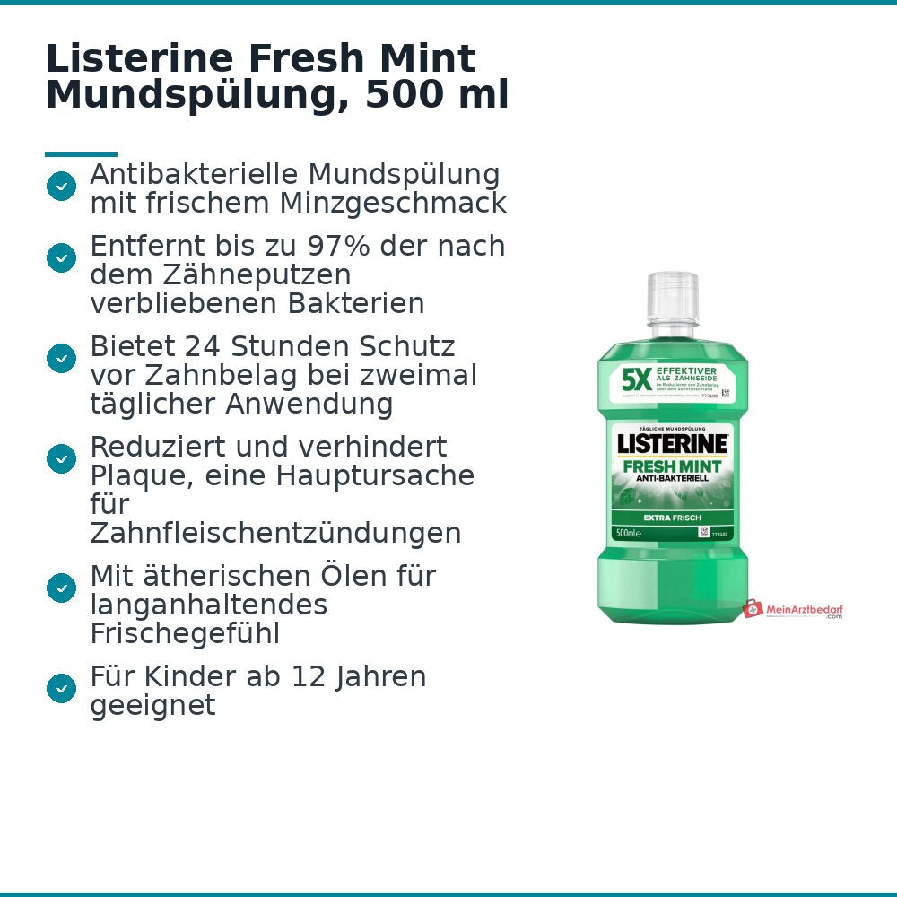 Listerine Fresh Mint Eucalyptol / Menthol / Methylsalicylat / Thymol Mundspülung, 500 ml.