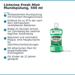 Listerine Fresh Mint Eucalyptol / Menthol / Methylsalicylat / Thymol Mundspülung, 500 ml.