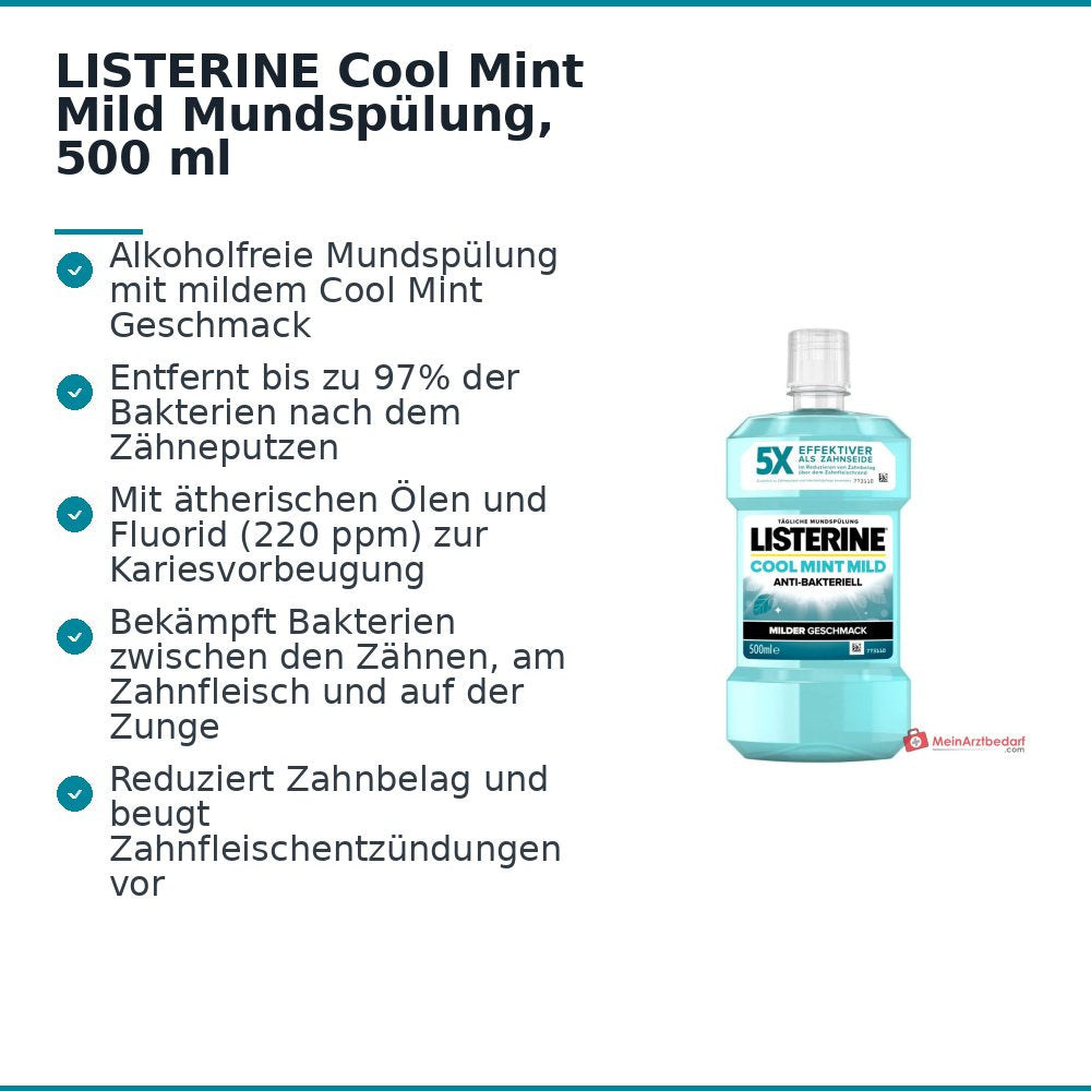 LISTERINE Cool Mint Mild Eucalyptol / Menthol / Thymol / Methyl Salicylat Mundspülung, 500 ml.