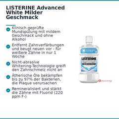 LISTERINE Advanced White Milder Geschmack Mundspülung, 500 ml.