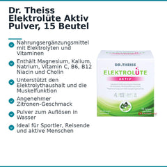 Dr. Theiss Elektrolüte Aktiv Glucose / Vitamin C / Vitamin B6 / Vitamin B12 / Niacin / Magnesium / Kalium / Natrium / Cholin Pulver, 15 Beutel.