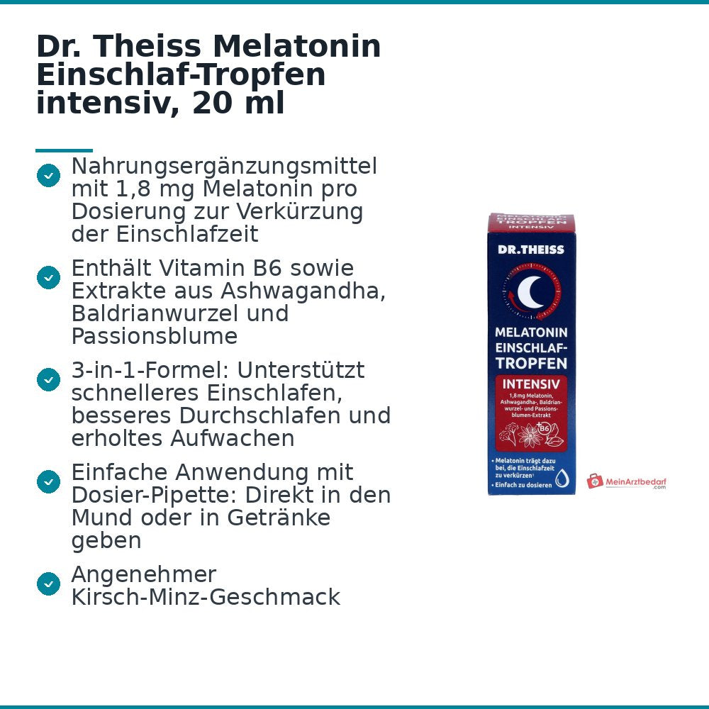 Dr. Theiss Melatonin Einschlaf-Tropfen intensiv Melatonin / Vitamin B6 / Ashwagandha / Baldrianwurzel / Passionsblume Tropfen, 20 ml.