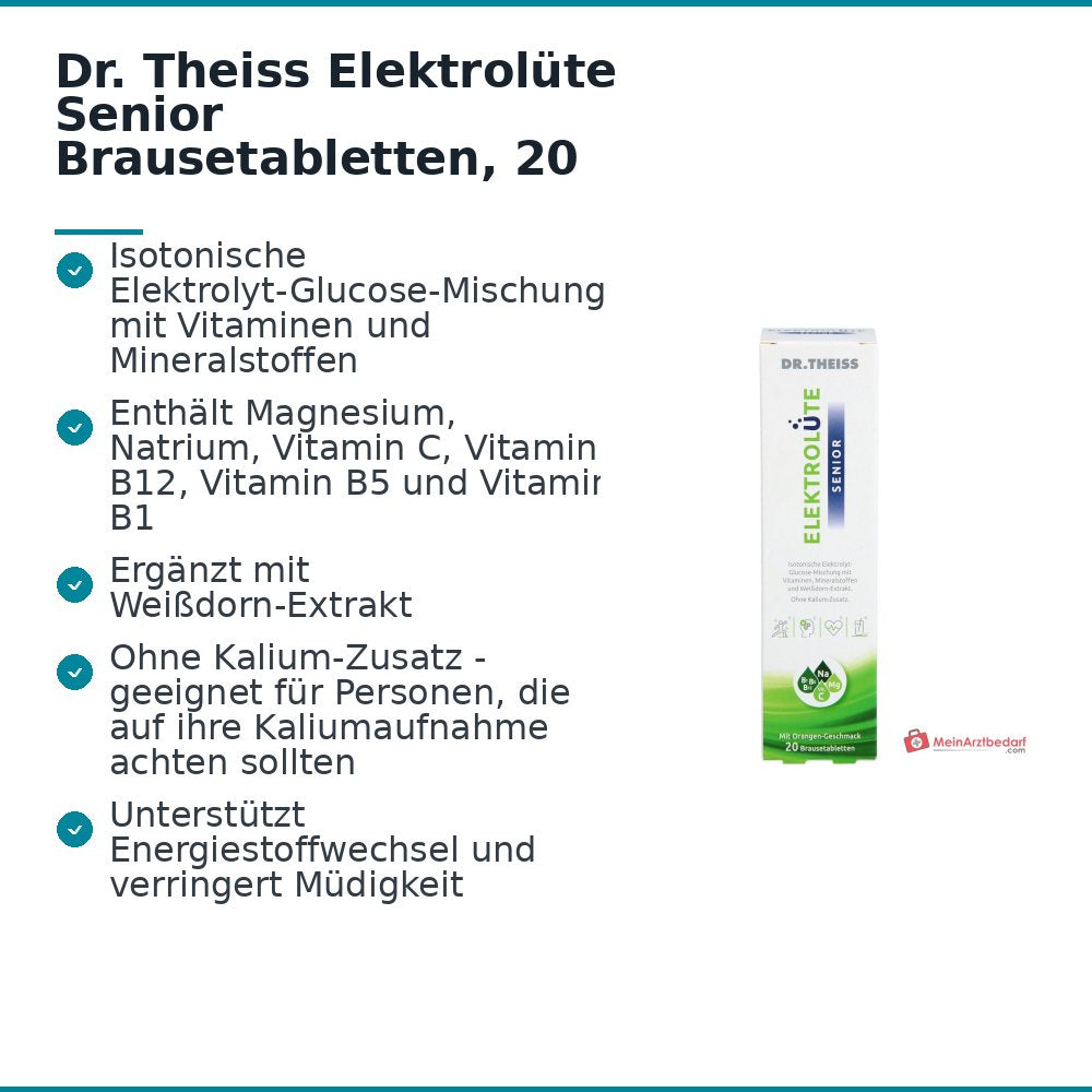 Dr. Theiss Elektrolüte Senior Magnesium / Natrium / Vitamin C / Vitamin B12 / Vitamin B5 / Vitamin B1 / Glucose / Weißdorn-Extrakt Brausetabletten, 20 St..
