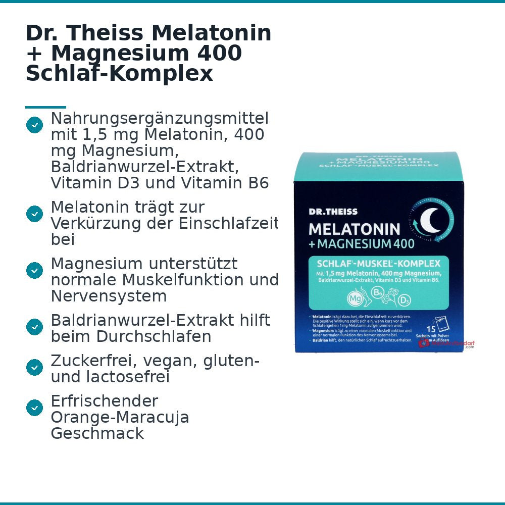 Dr. Theiss Melatonin / Magnesium / Baldrian / Vitamin D3 / Vitamin B6 Schlaf-Komplex Pulver, 15 Stück.