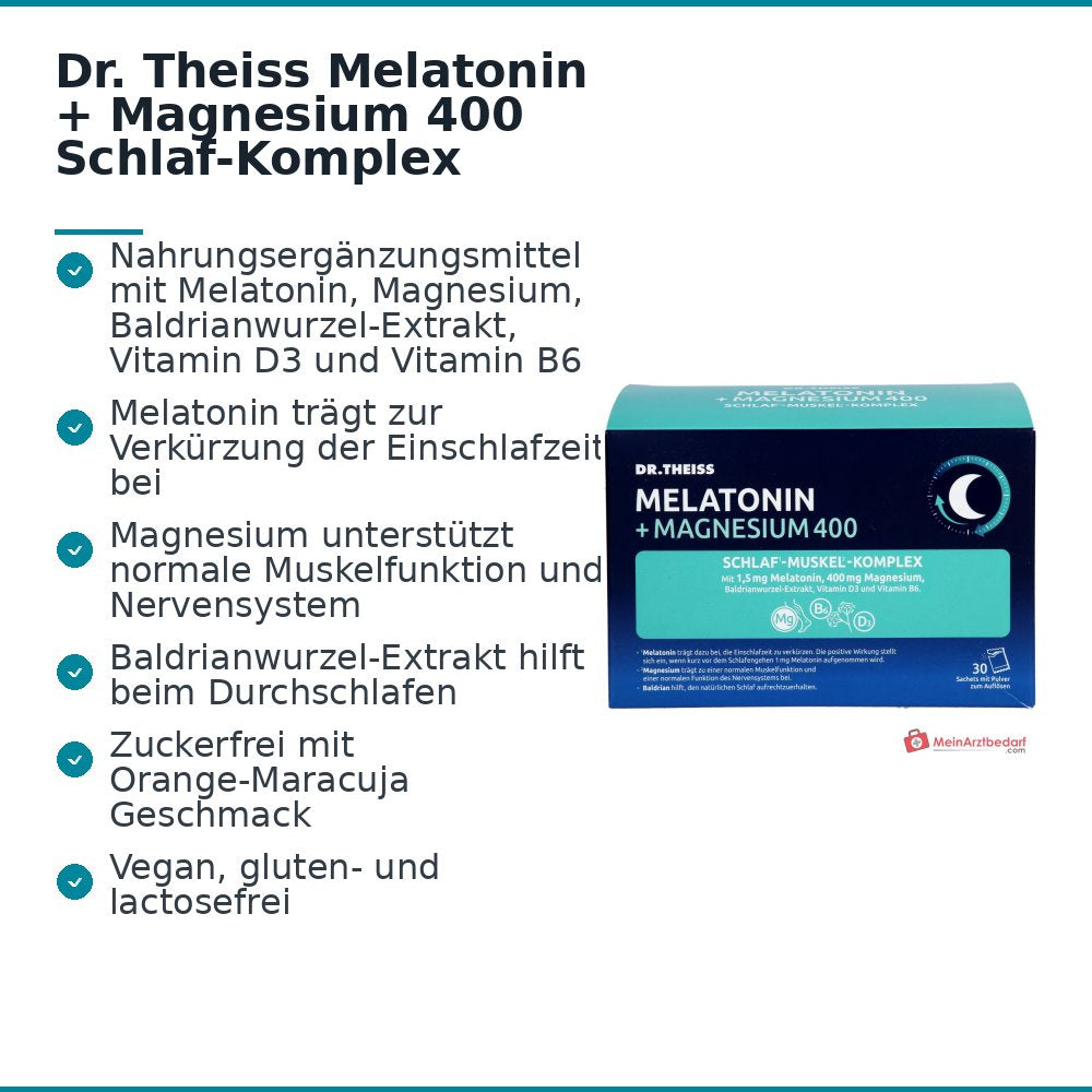 Dr. Theiss Melatonin / Magnesium / Baldrianwurzel-Extrakt / Vitamin D3 / Vitamin B6 Schlaf-Muskel-Komplex Pulver, 30 Beutel à 5 g.