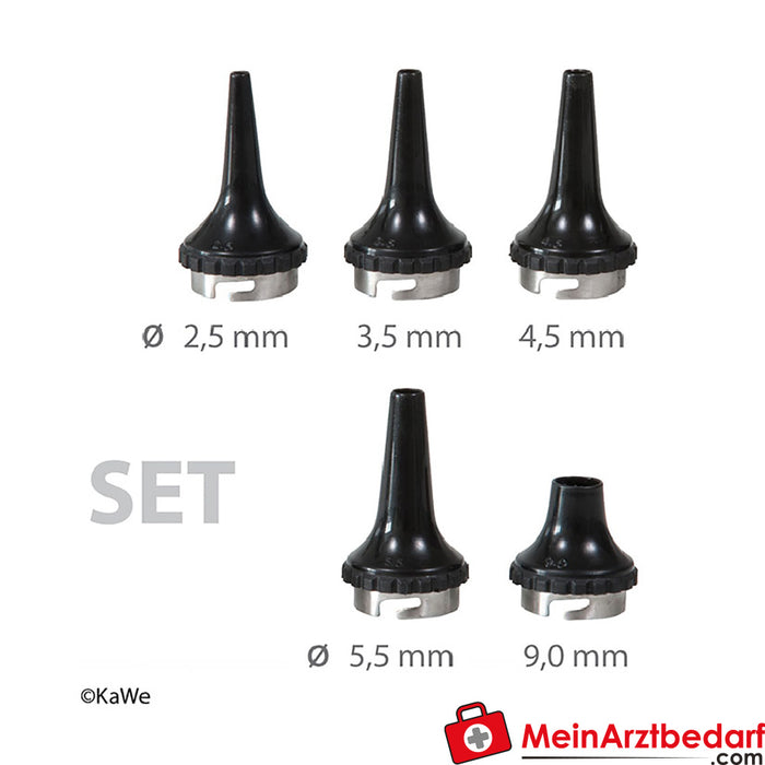 KaWe permanent ear funnels, Ø 2.5/3.5/4.5/5.5/9.0 mm, black, 5 pcs.