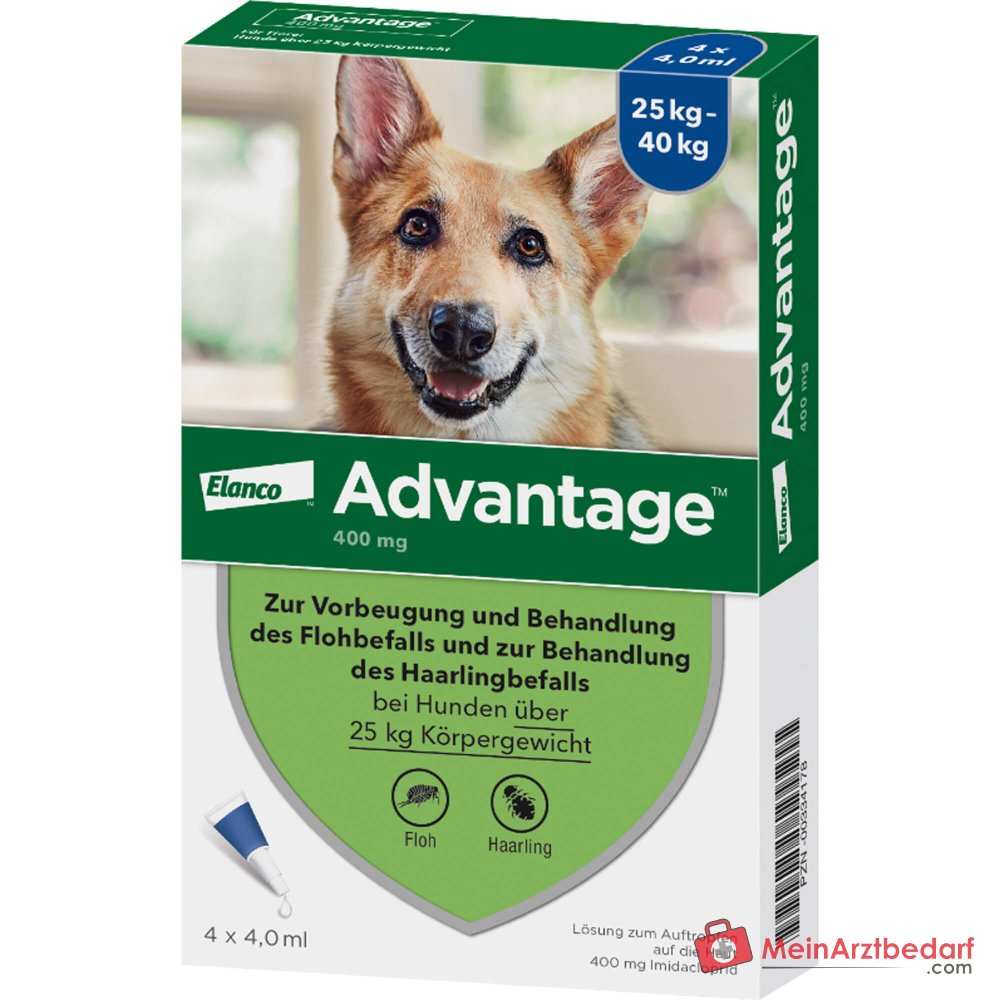 Advantage 400 Hund Imidacloprid 100 mg/ml Lösung zum Auftropfen 4 Pipetten Hunde 25–40 kg