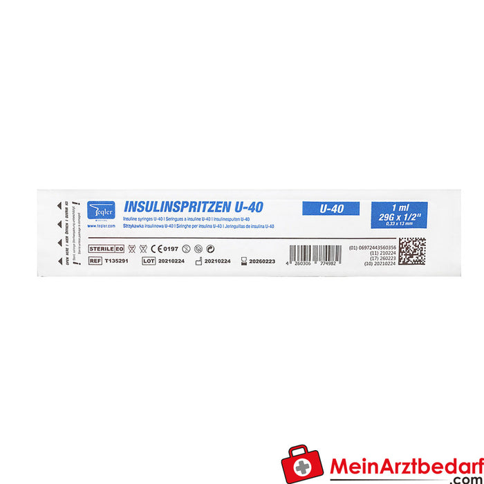 Jeringas de insulina Teqler U-40 con cánula, 100 uds.