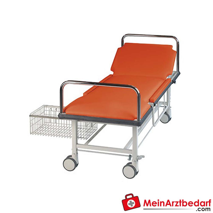 Patient transport stretcher with two side rails, edge protection, push handles