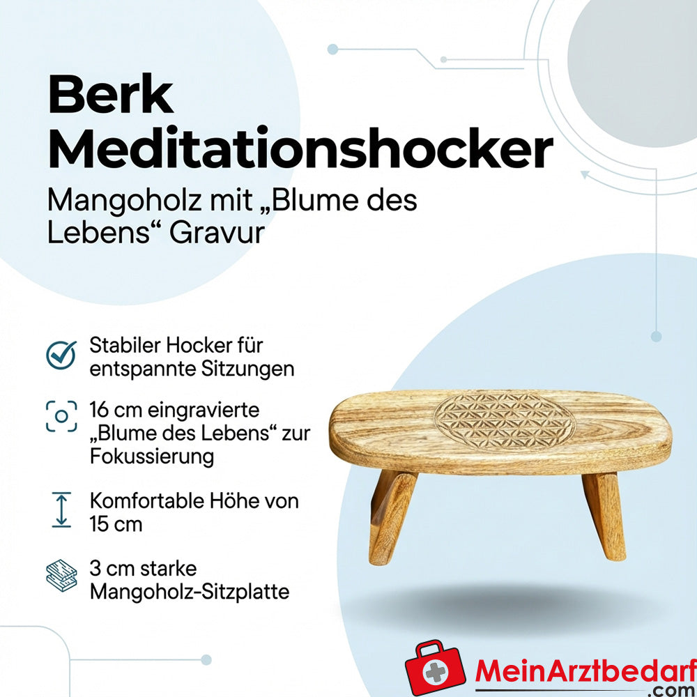 Tabouret de méditation Berk Bois de mangue 15 cm Hauteur 40×18 cm Fleur de vie 3 cm Plateau d'assise
