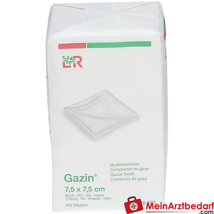 Compressa de gaze Gazin® 7,5 cm x 7,5 cm não estéril de 8 camadas, 100 unidades.
