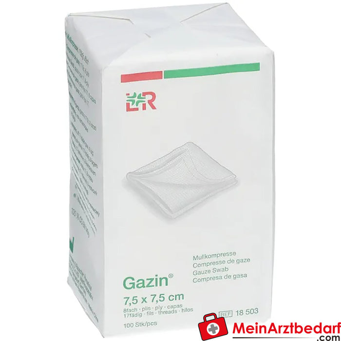 Compressa de gaze Gazin® 7,5 cm x 7,5 cm não estéril de 8 camadas, 100 unidades.
