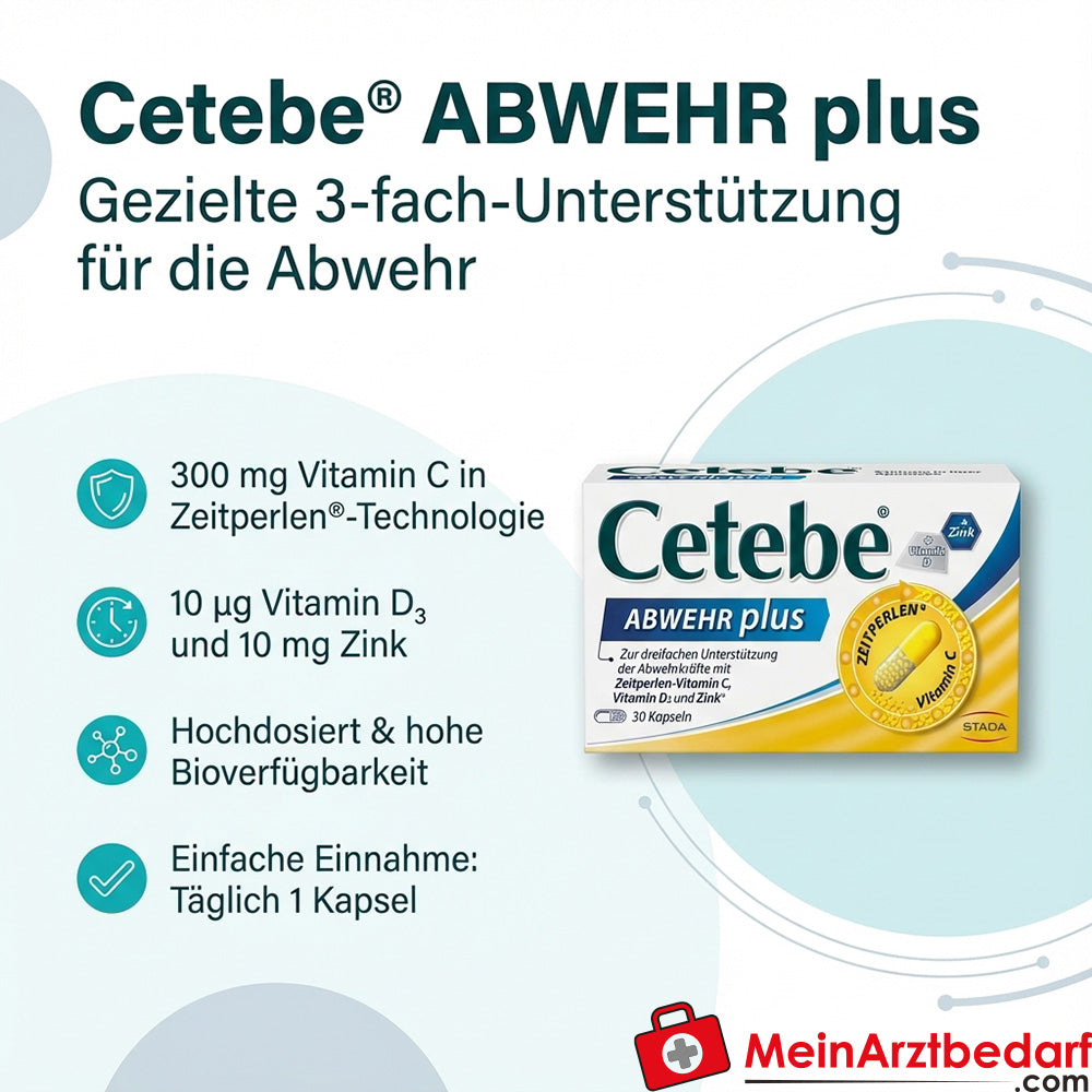 Cetebe ABWEHR plus capsules vitamine C 300 mg, vitamine D3 10 µg, zink 10 mg, 30 capsules