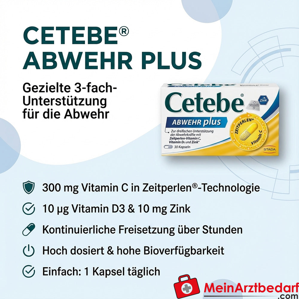 Cetebe ABWEHR plus capsules vitamine C 300 mg, vitamine D3 10 µg, zink 10 mg, 30 capsules