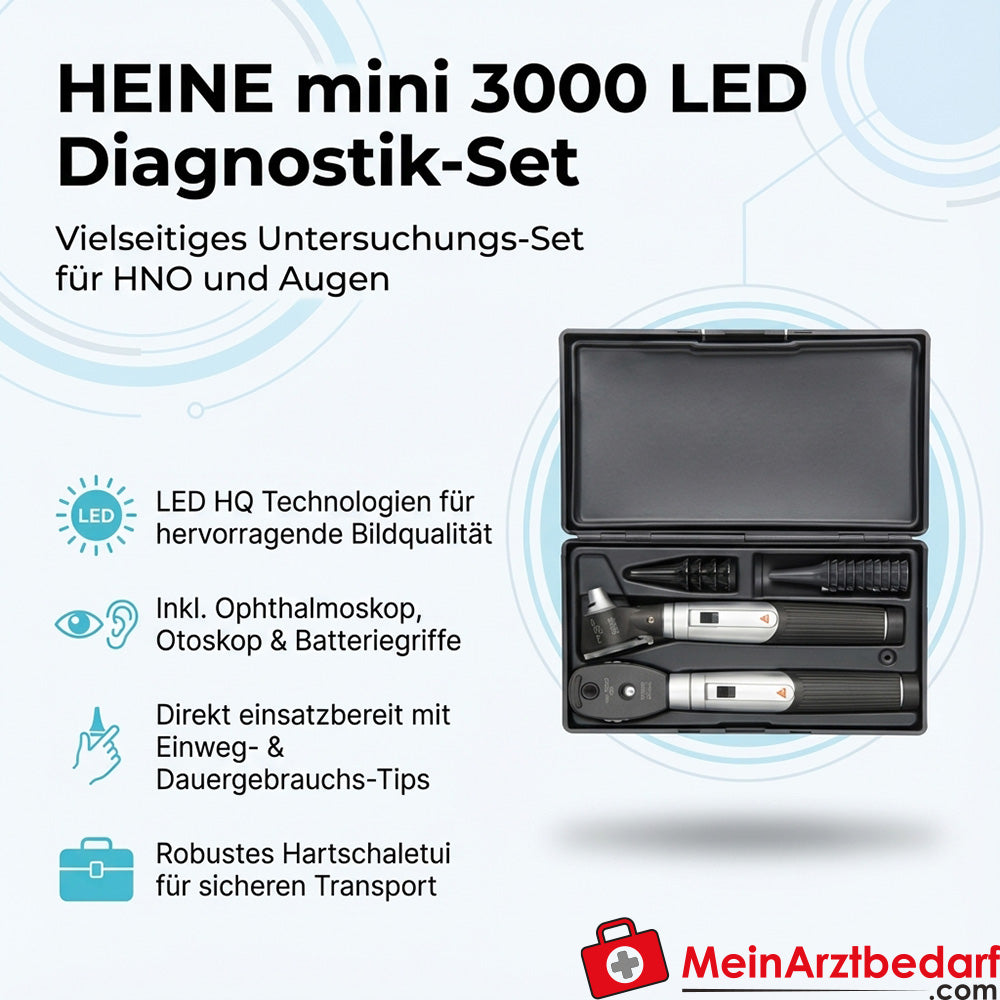 Heine mini 3000 LED diagnostic set, ophthalmoscope & otoscope incl. 2 battery handles, disposable and permanent tips, hard case