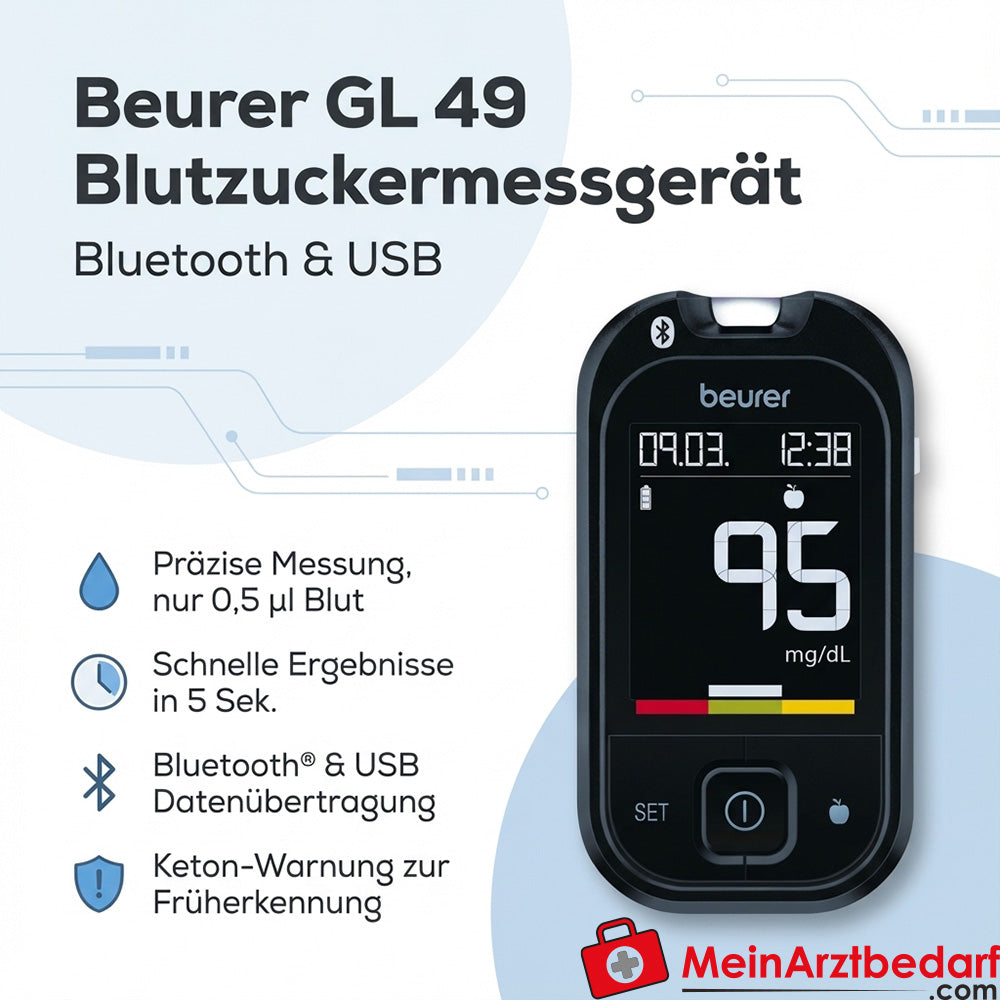 Beurer GL 49 Misuratore di glicemia Bluetooth e USB 0,5 µl 900 memoria Avviso di chetone