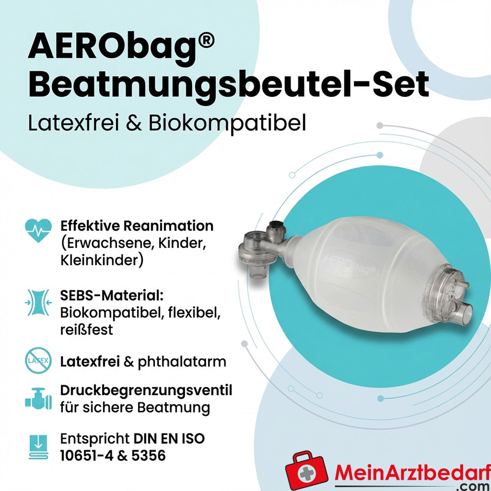 AEROBag Beatmungsbeutel-Set SEBS latexfrei für Erwachsene/Kind/Kleinkind Druckbegrenzung 60/40 cmH2O mit drehbarem Anschluss