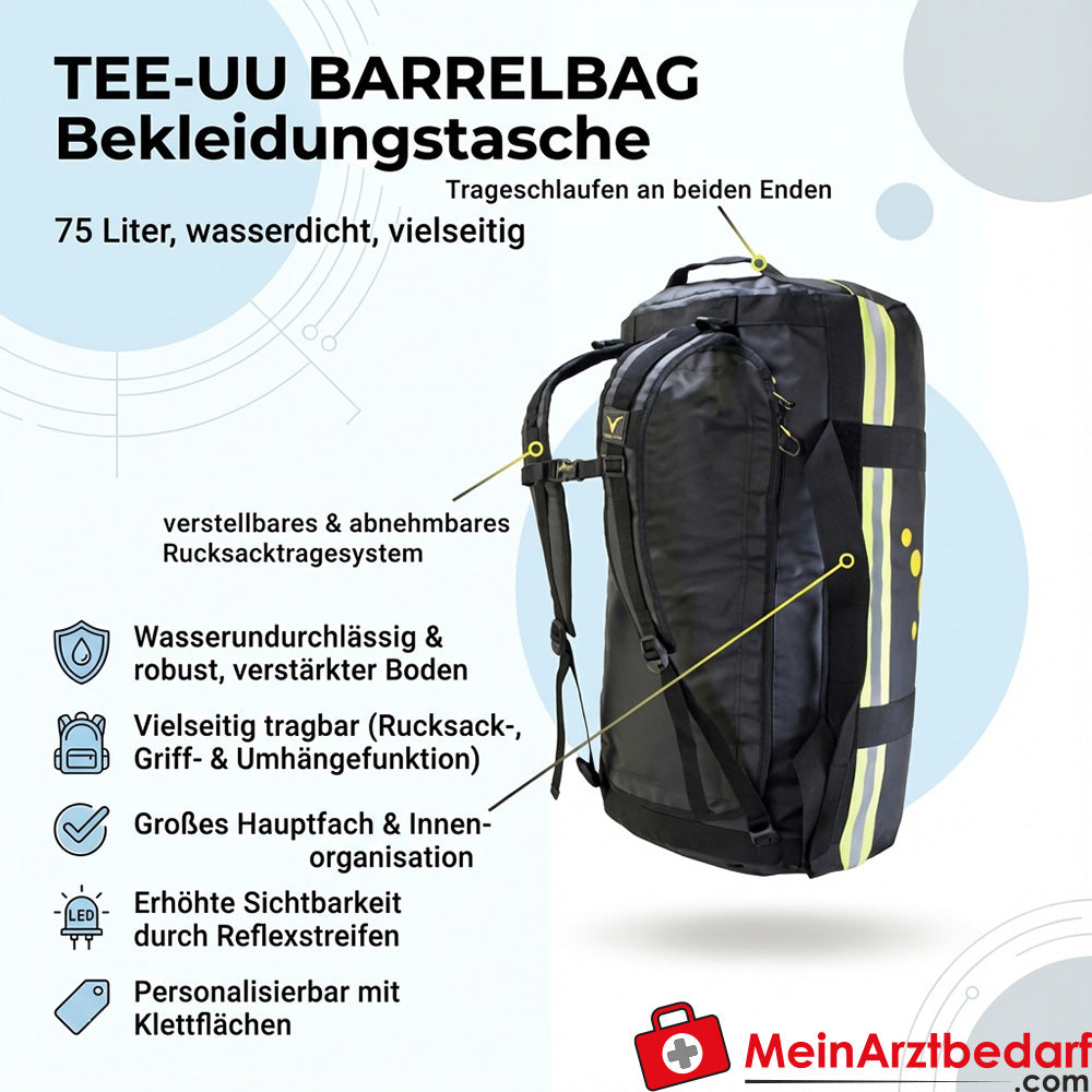 TEE-UU BARRELBAG Kledingzak 75 L waterdicht met verstevigde bodem, rugzak en schouderbandfunctie, reflecterende strips