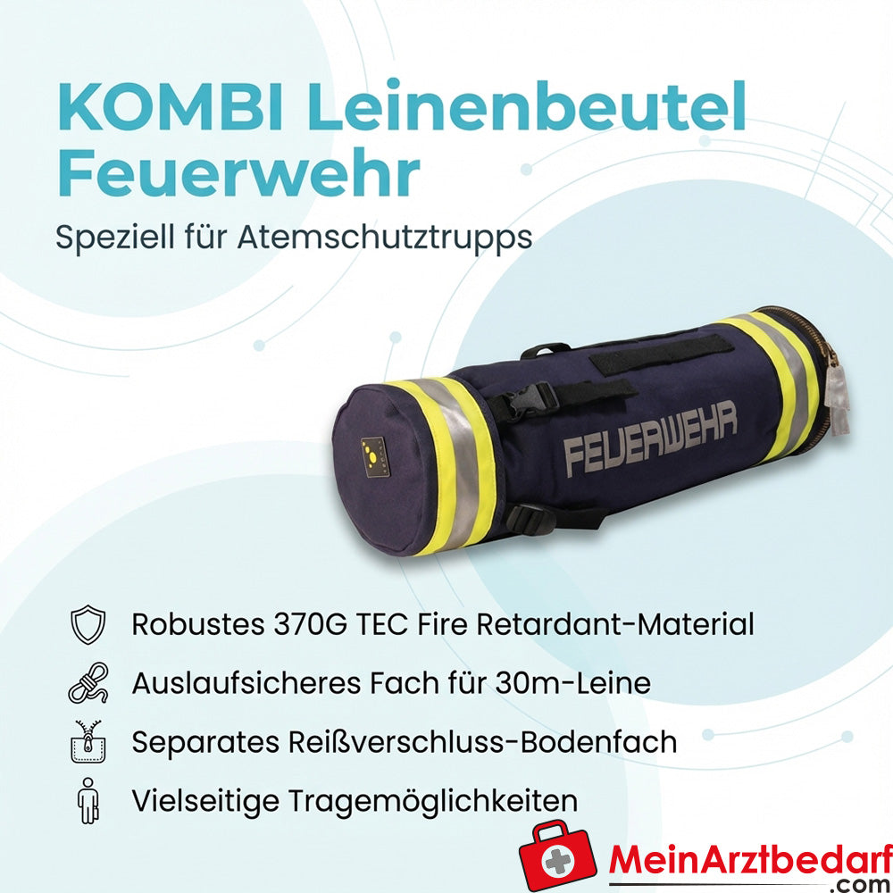 KOMBI Leinenbeutel Feuerwehr 370G TEC Fire Retardant blau – auslaufsicheres 30‑m‑Leinenfach, RV-Bodenfach, 48×14 cm