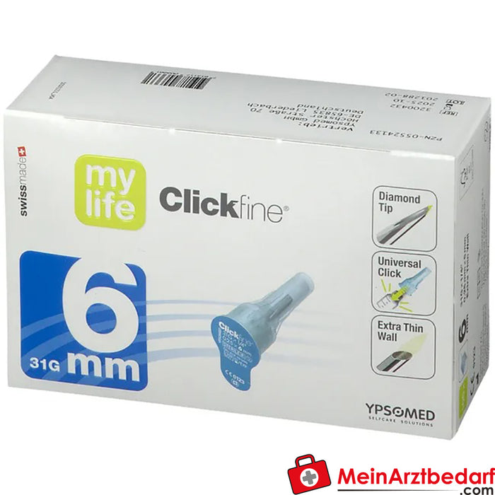 Agulhas mylife Clickfine® 6 mm, 100 unidades.