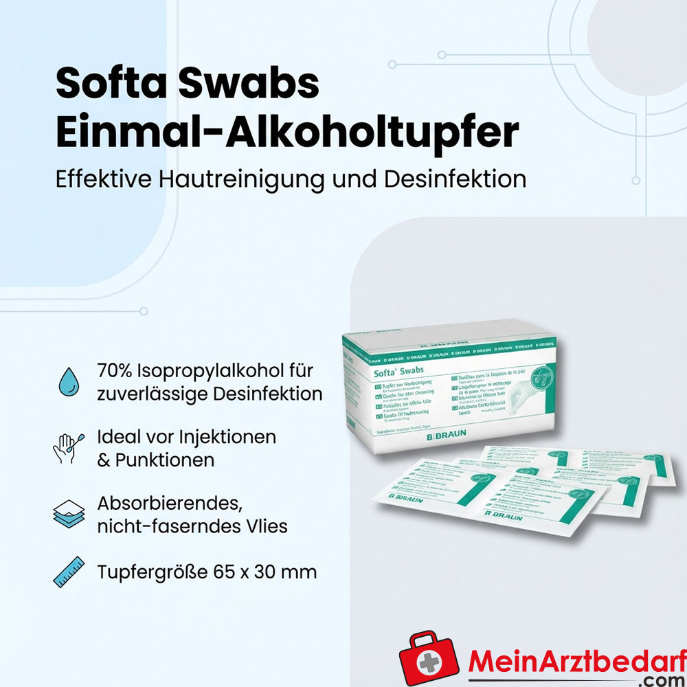 B. Braun Softa Swabs Disposable alcohol swabs 70% isopropyl alcohol (propan-2-ol) 65 x 30 mm 50 x 2 pieces